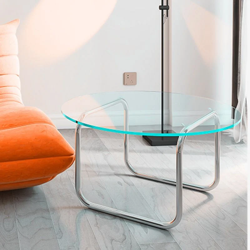 Moderne glazen ronde bijzettafel en 27,5"/31,5" brede metalen sledebijzettafel Clearhalo