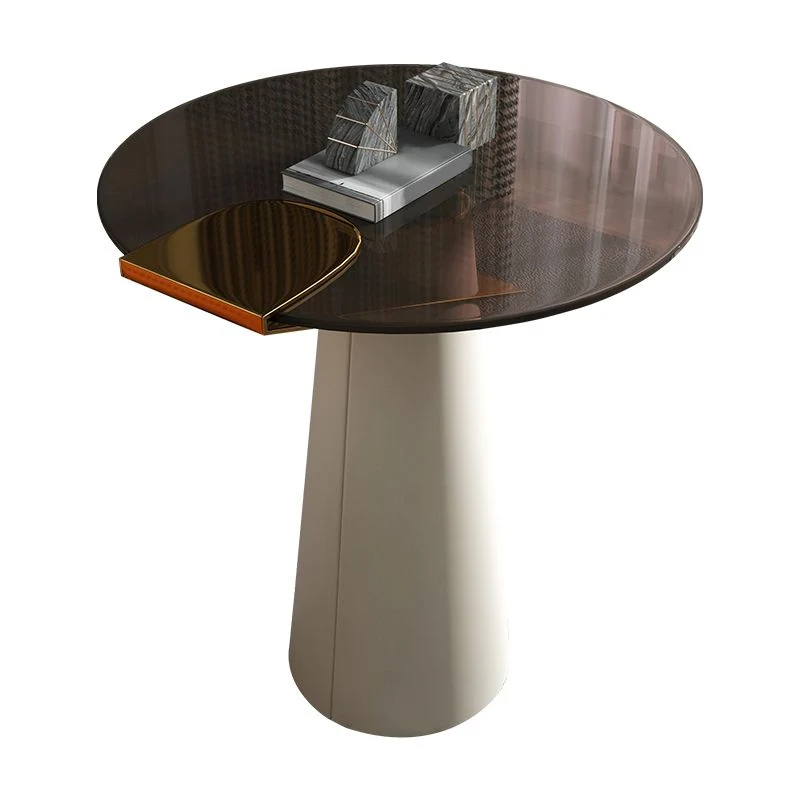 Moderne ronde bijzettafel met glazen blad en 21,65 inch hoge lederen voetstukbijzettafel Clearhalo