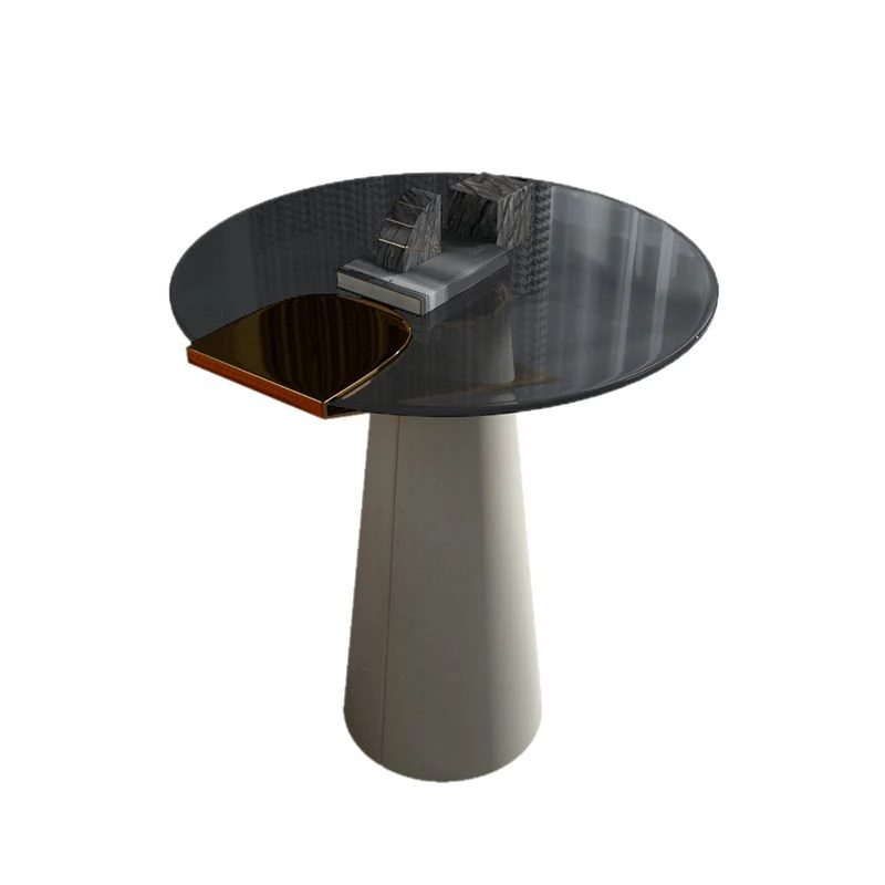 Moderne ronde bijzettafel met glazen blad en 21,65 inch hoge lederen voetstukbijzettafel Clearhalo
