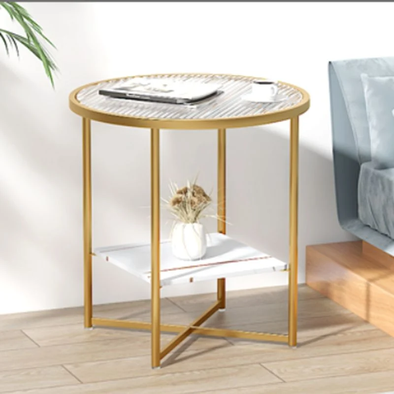 Moderne ronde bijzettafel met glazen blad, kruispoten en bijzettafel met plank Clearhalo