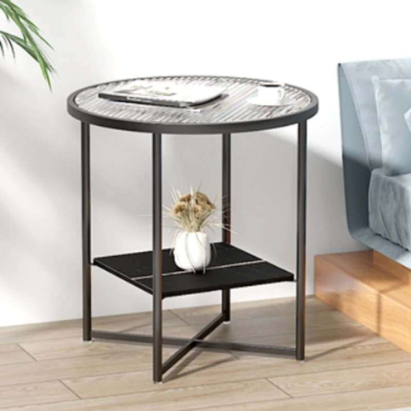 Moderne ronde bijzettafel met glazen blad, kruispoten en bijzettafel met plank Clearhalo