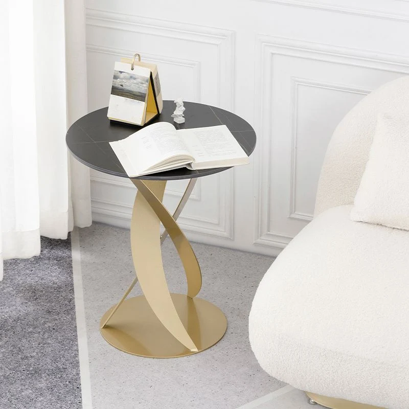 Moderne ronde bijzettafel met leistenen blad en 60 cm hoge metalen abstracte bijzettafel Clearhalo