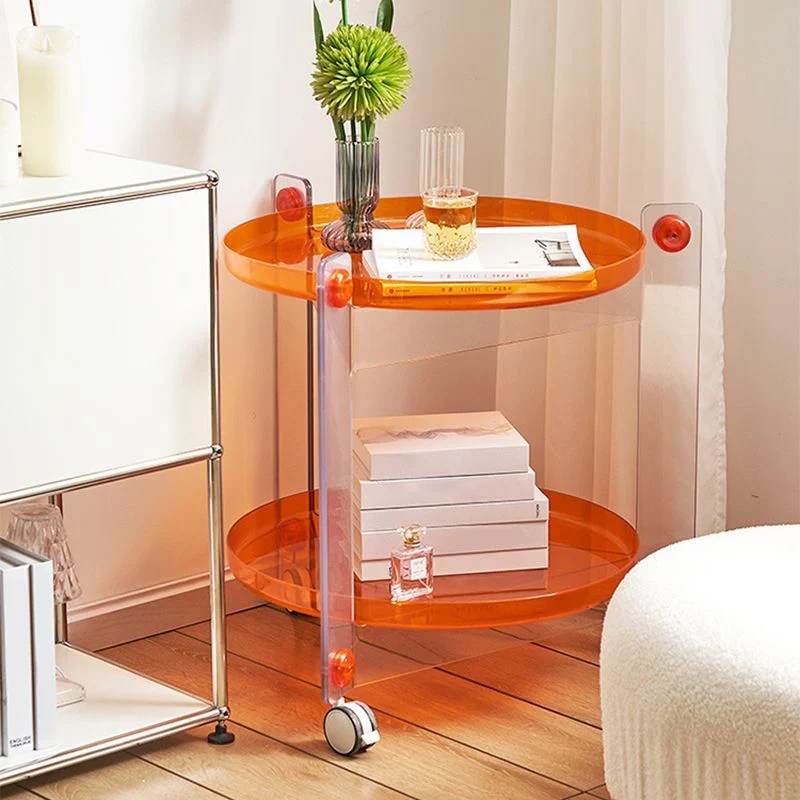 Moderne ronde bijzettafel van acryl met blad op zwenkwielen, blad 2 - bijzettafelset Clearhalo