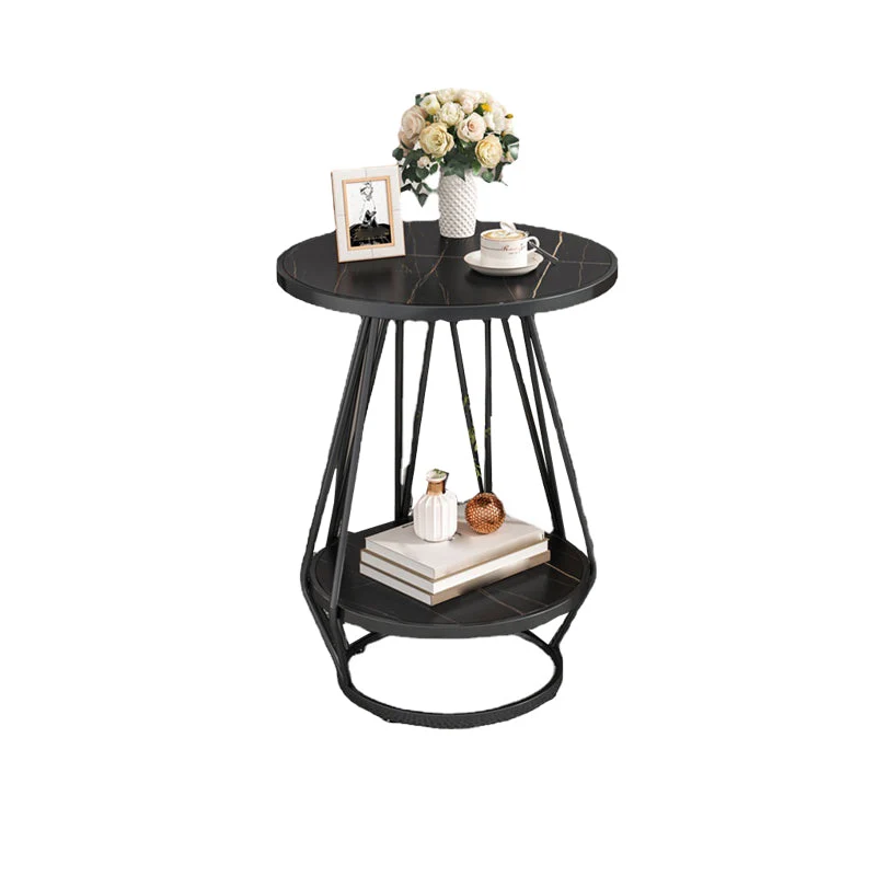 Moderne ronde bijzettafel van leisteen, bijzettafel van metaal met plank en plank Clearhalo