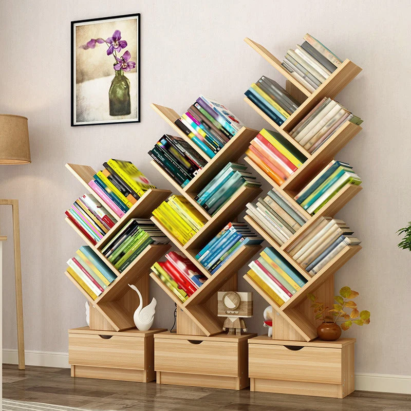 Moderne standaard boekenplank met open achterkant, ontworpen houten boekenkast met laden voor studeerkamer Clearhalo