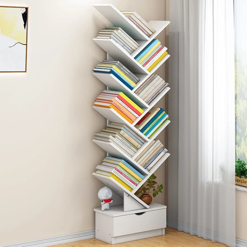 Moderne standaard boekenplank met open achterkant, ontworpen houten boekenkast met laden voor studeerkamer Clearhalo