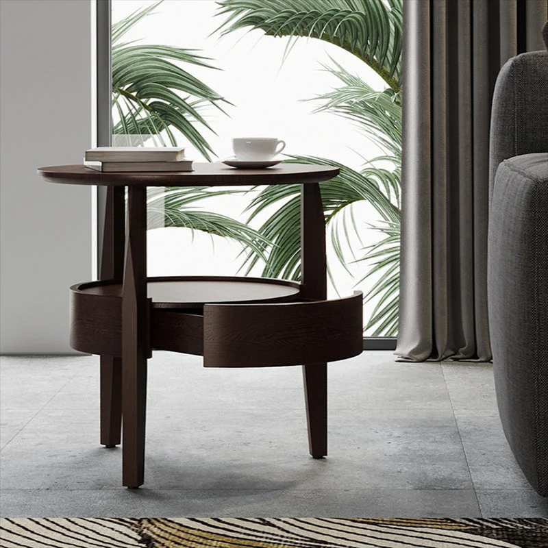 Modernistische woonkamer ronde massief houten bijzettafel met 1 lade en 3 poten Clearhalo