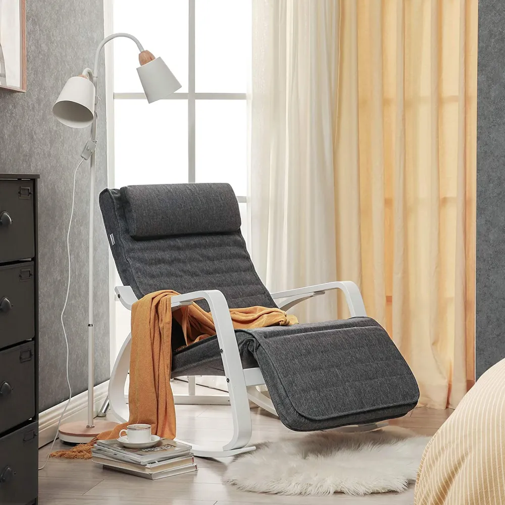 Nancy's San Felipe Schommelstoel - Relax Fauteuil - Loungestoel - Wit / Grijs - Linnen / Berkenhout Euziel