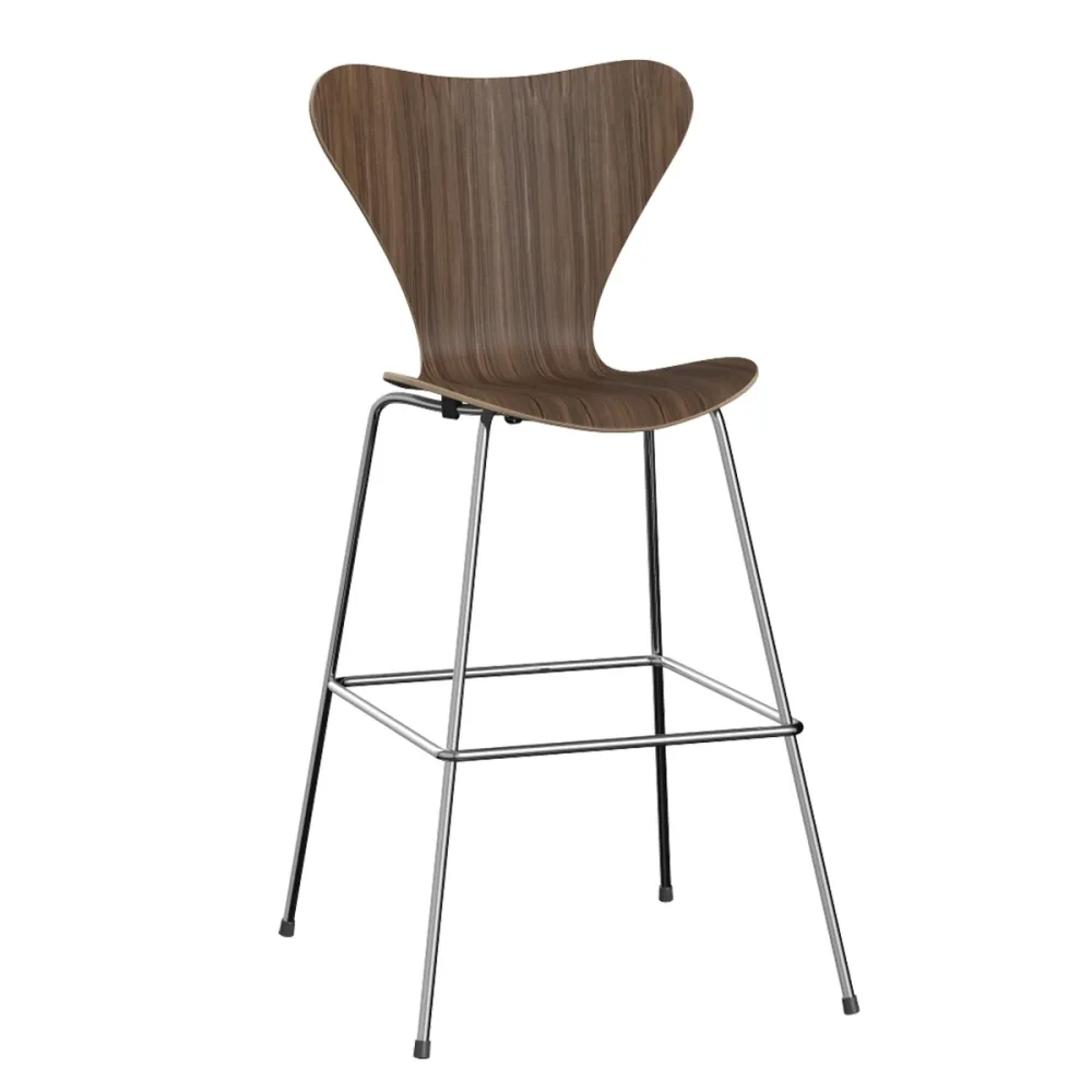 Fritz Hansen Series 7 Vlinderstoel barkruk H76 chrome clear lacquered walnut