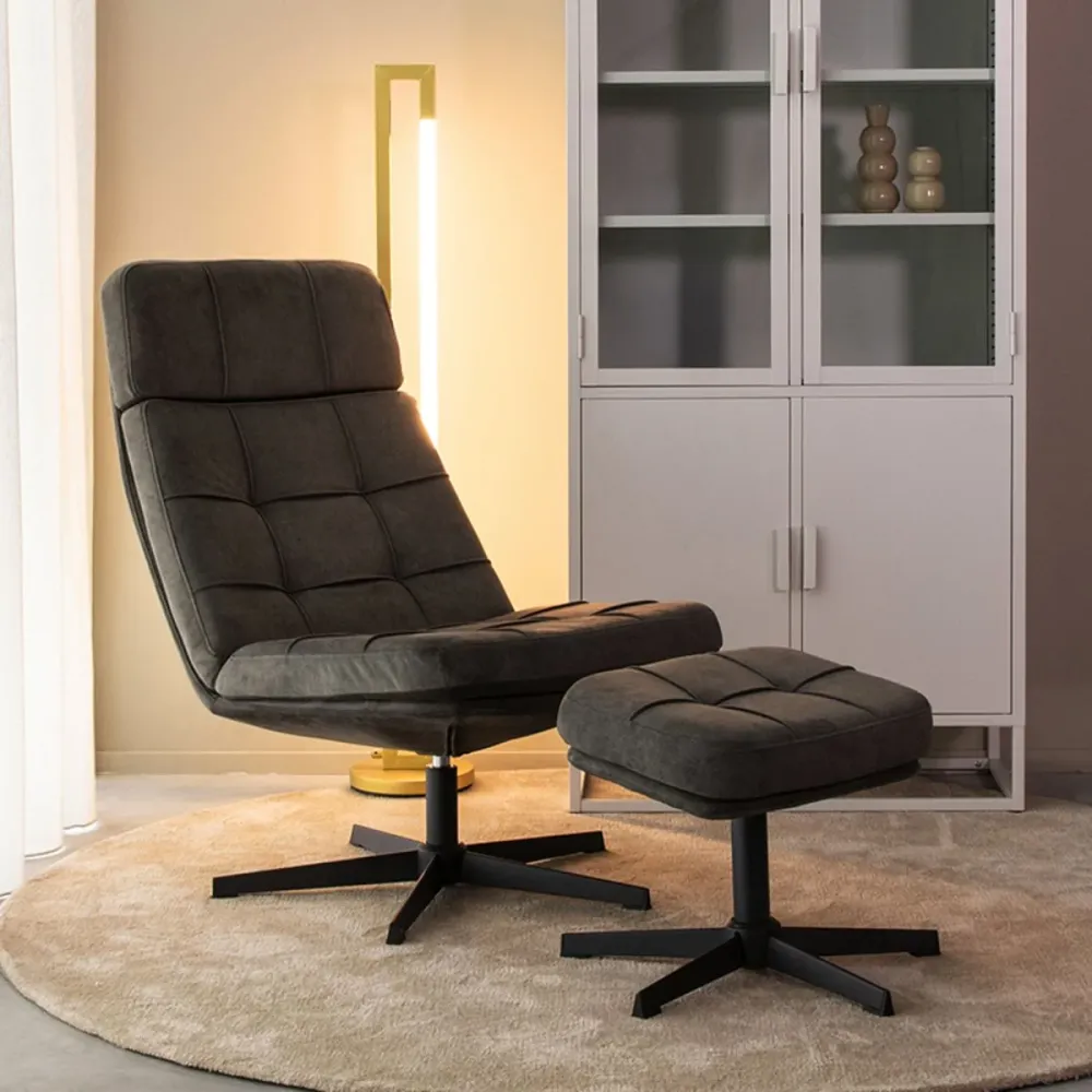 LABEL51 Fauteuil Alvar - Antraciet Stof - Draaibaar - Incl. Hocker