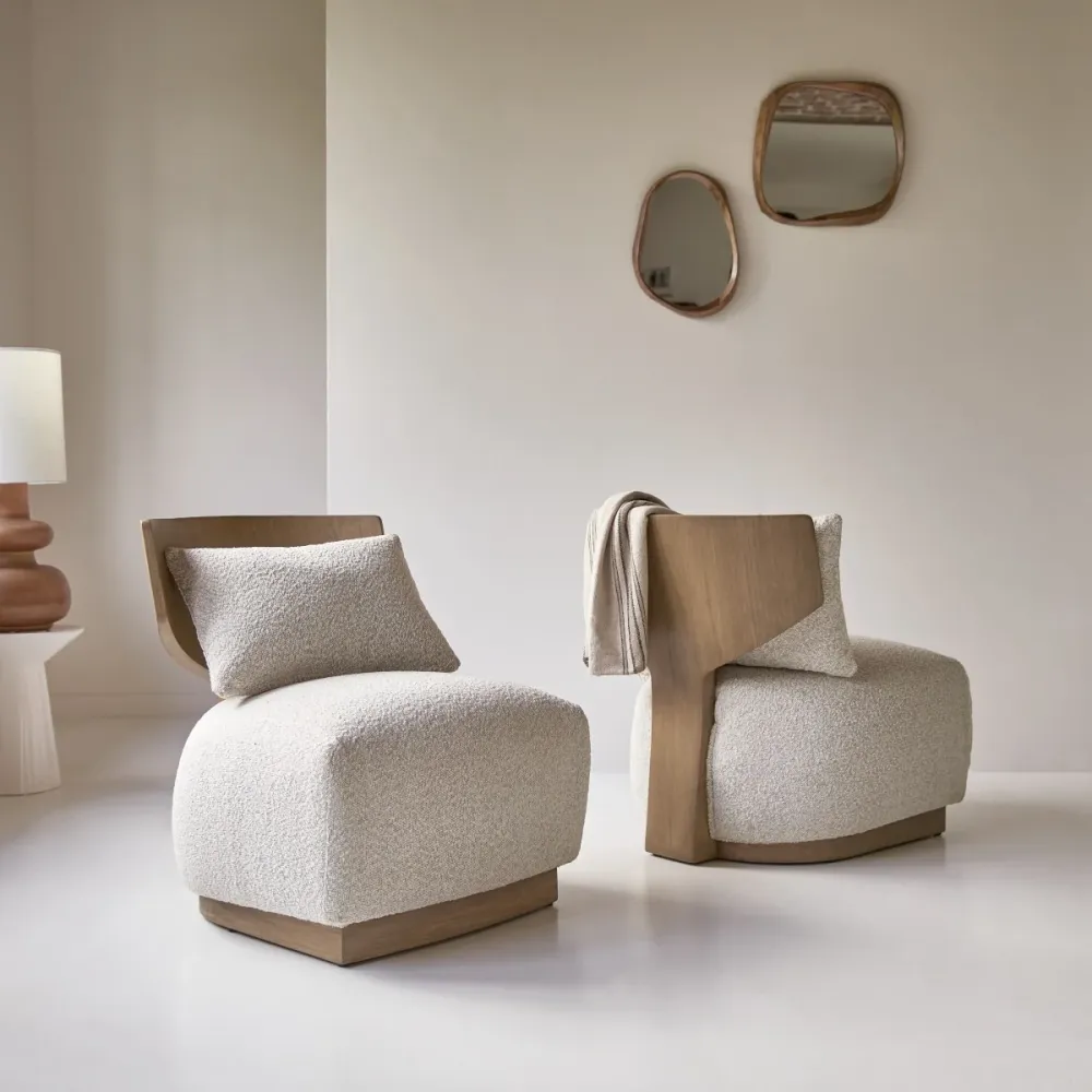 Tikamoon Fauteuil massief mindihout en ecru stof - Beige