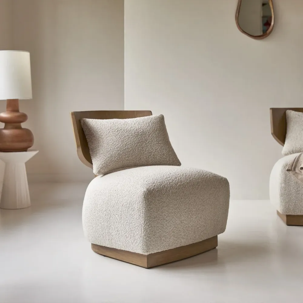 Tikamoon Fauteuil massief mindihout en ecru stof - Beige