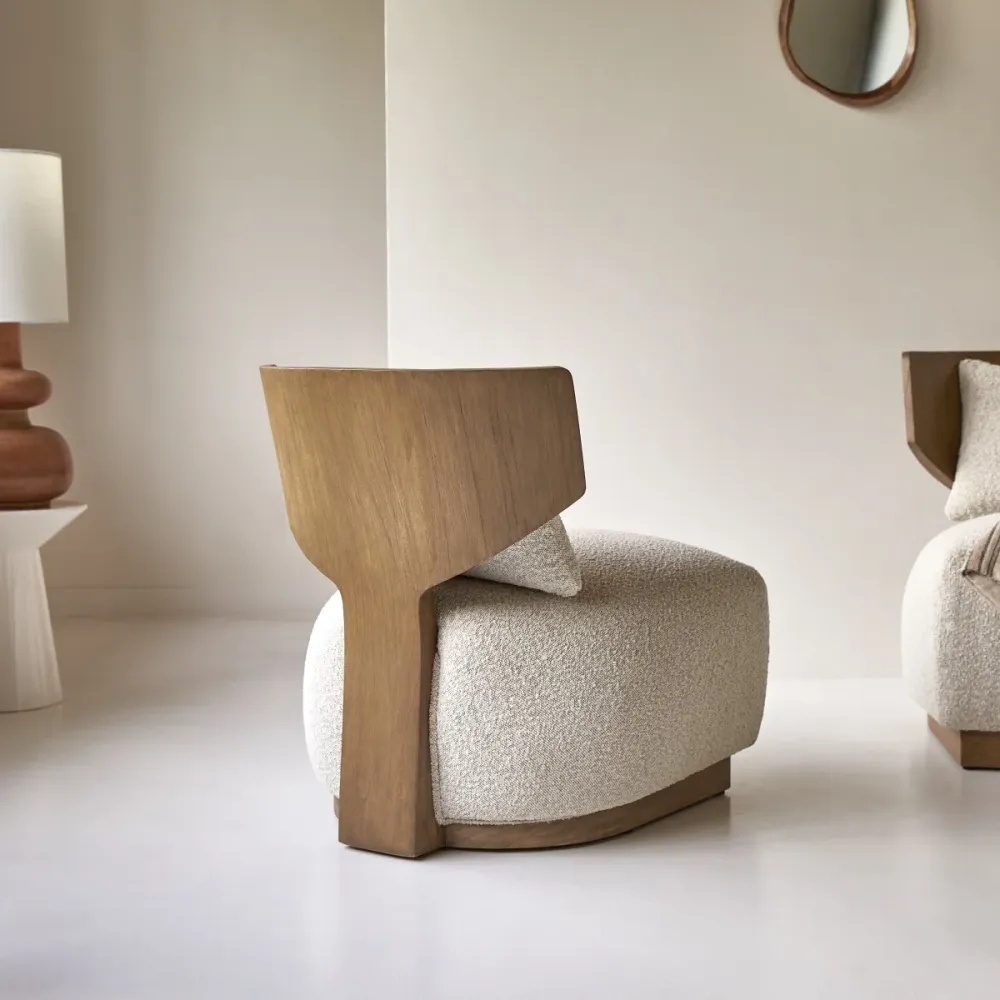 Tikamoon Fauteuil massief mindihout en ecru stof - Beige