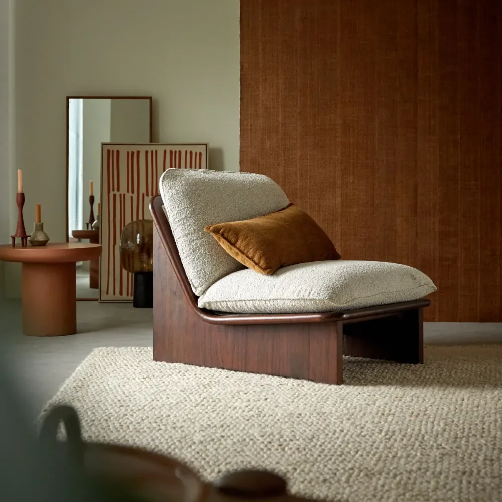 Tikamoon Fauteuil massief mindihout en ecru stof - Beige
