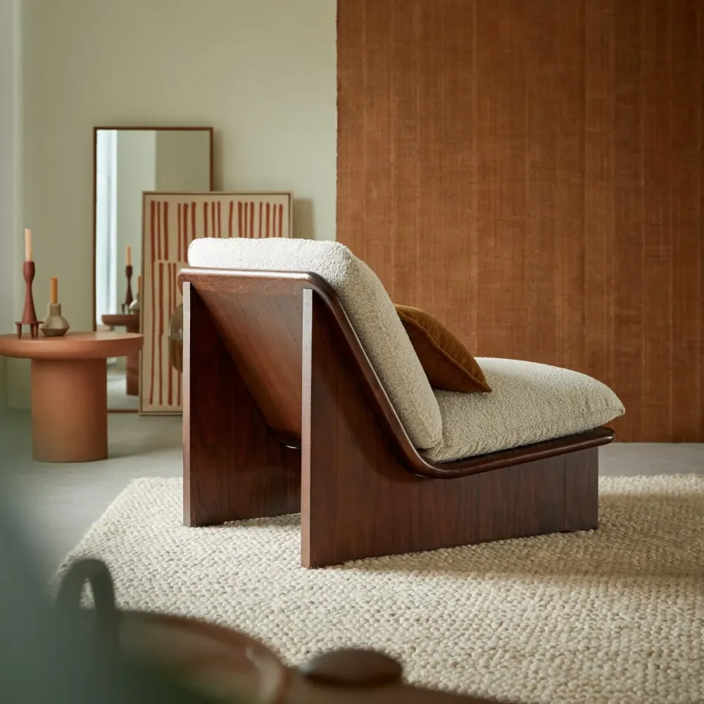 Tikamoon Fauteuil massief mindihout en ecru stof - Beige