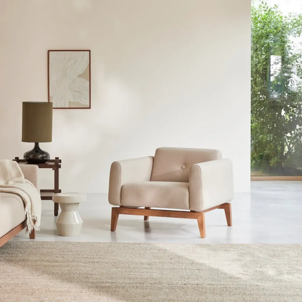 Tikamoon Fauteuil van massief eiken en ecru stof - Beige