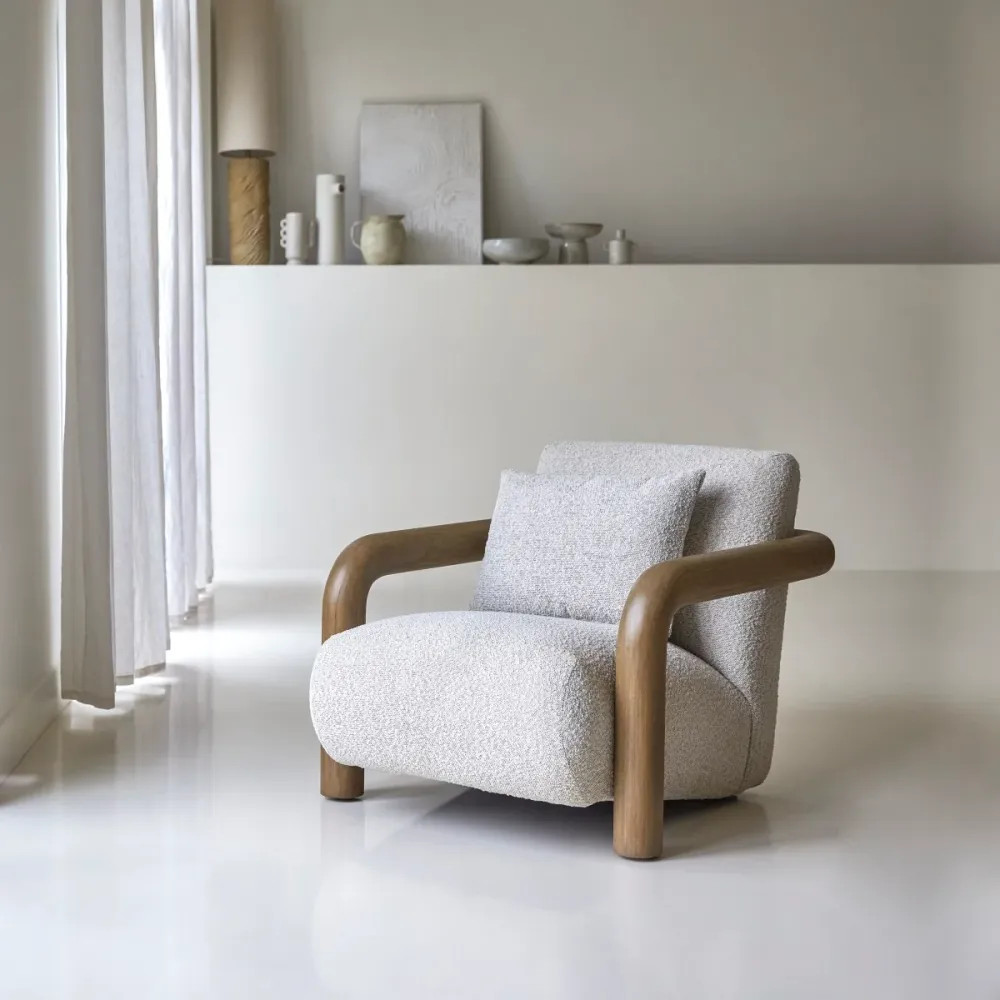Tikamoon Lage fauteuil massief mindihout en ecru stof - Beige