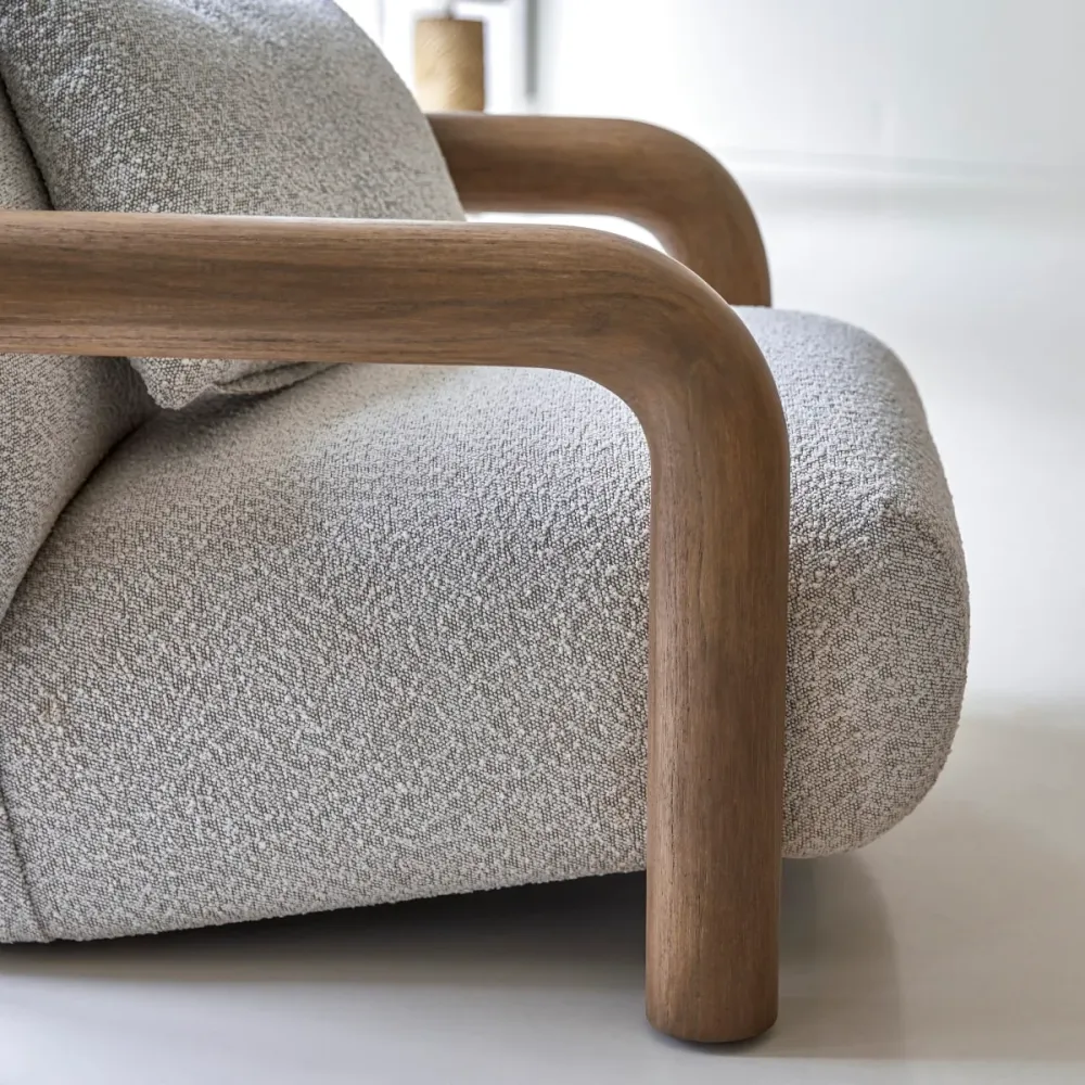 Tikamoon Lage fauteuil massief mindihout en ecru stof - Beige