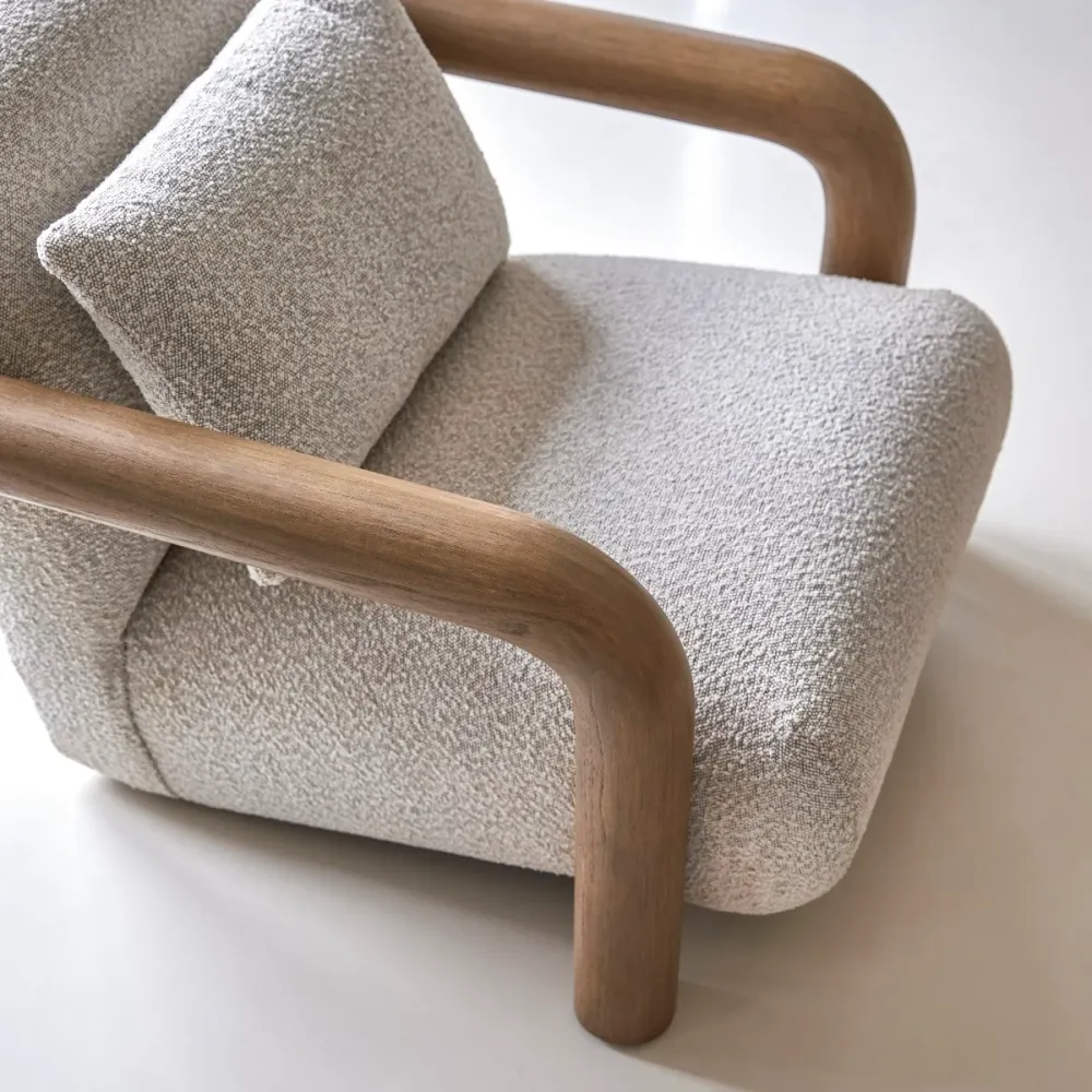 Tikamoon Lage fauteuil massief mindihout en ecru stof - Beige