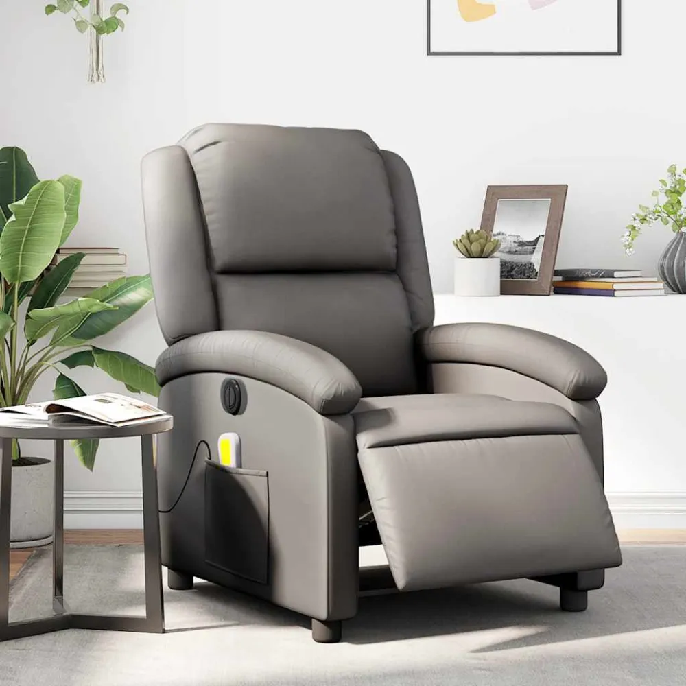 Massagestoel verstelbaar elektrisch echt leer grijs vidaXL