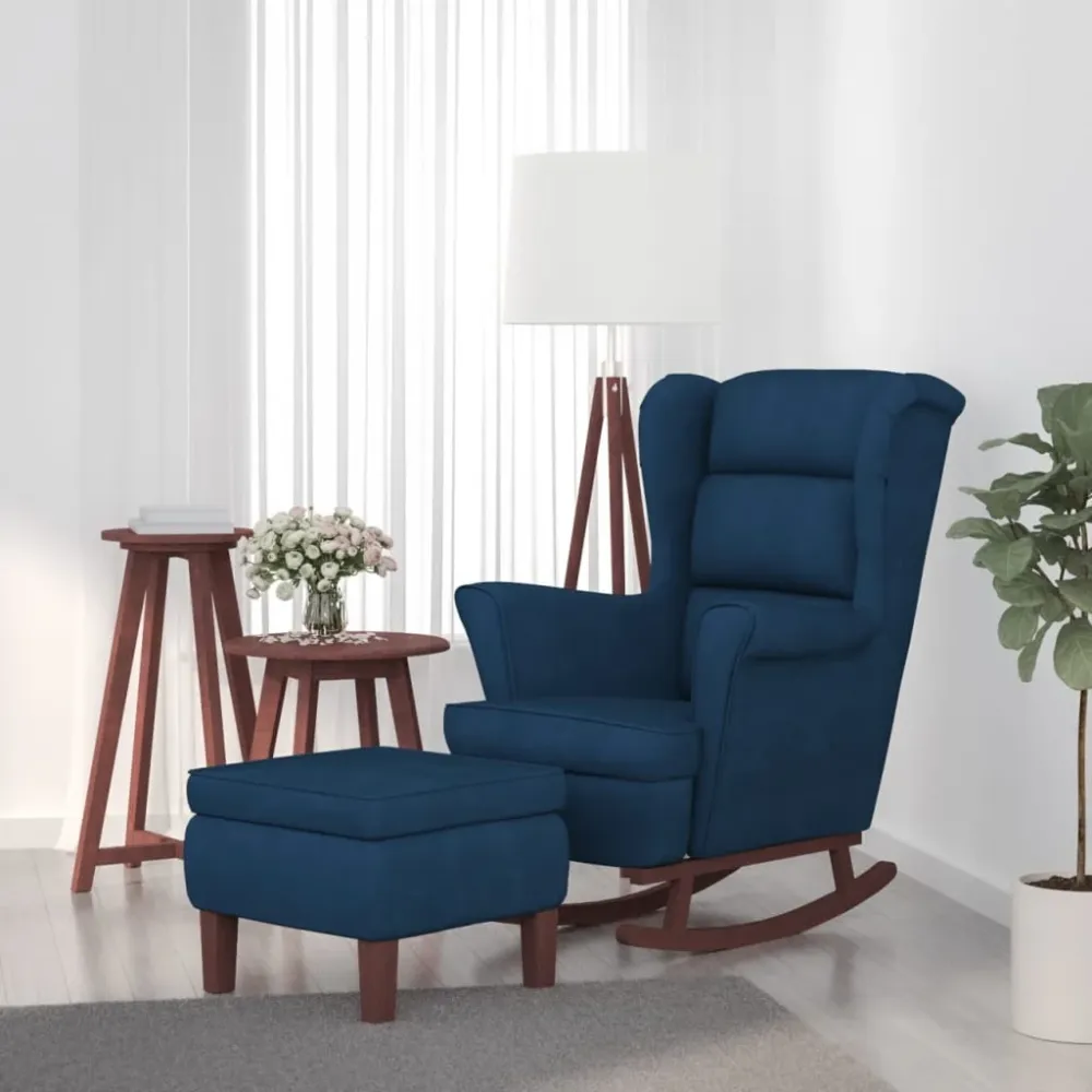 Schommelstoel met oorleuning fluweel massief hout blauw vidaXL