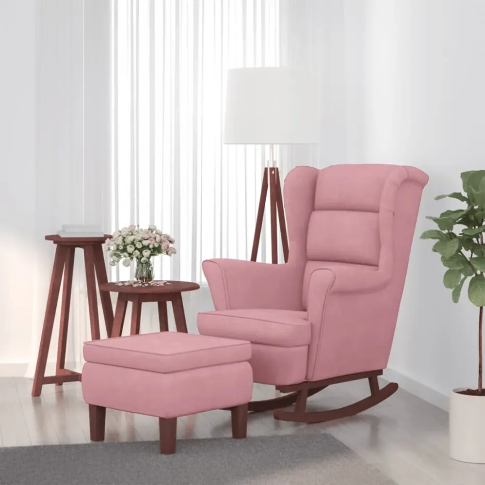 Schommelstoel met oorleuning roze fluweel massief hout vidaXL