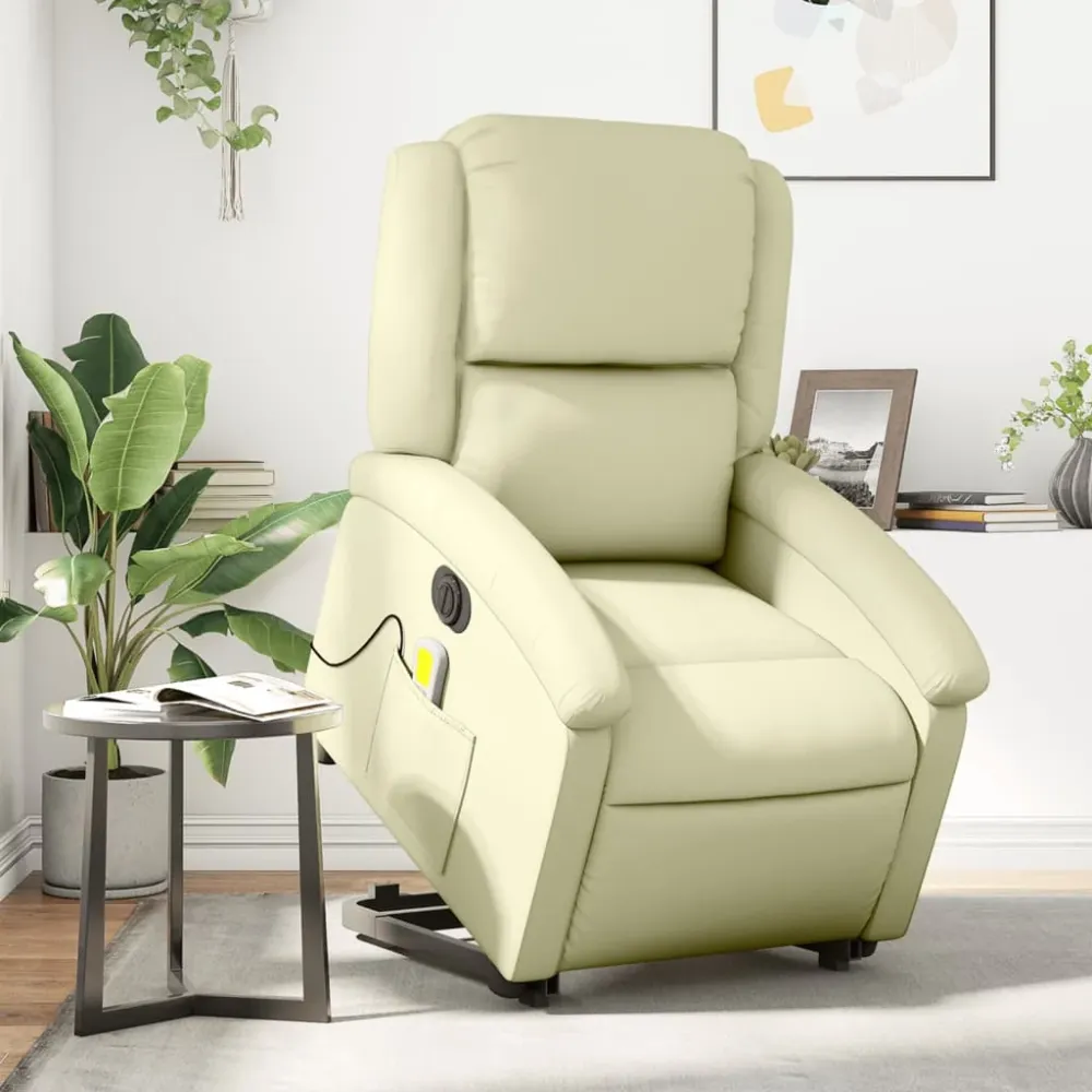 Sta-op-massagestoel elektrisch echt leer crèmekleurig vidaXL