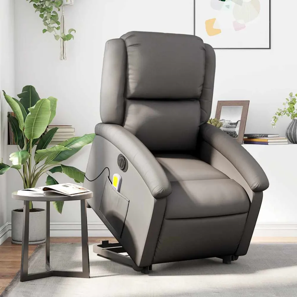 Sta-op-massagestoel elektrisch echt leer grijs vidaXL
