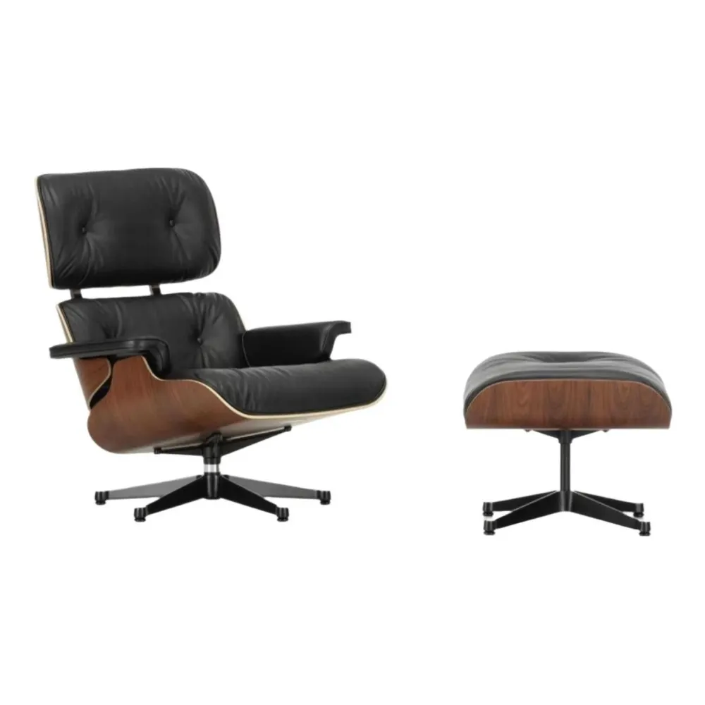 Vitra Eames Loungechair met ottoman Premium Leder Nero palisander