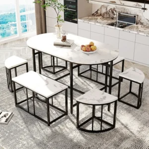 Ensemble Table de salle à manger(140x70cm) et 6 Chaises - Table et chaises en MDF blanc et cadre en fer, luxe - noir