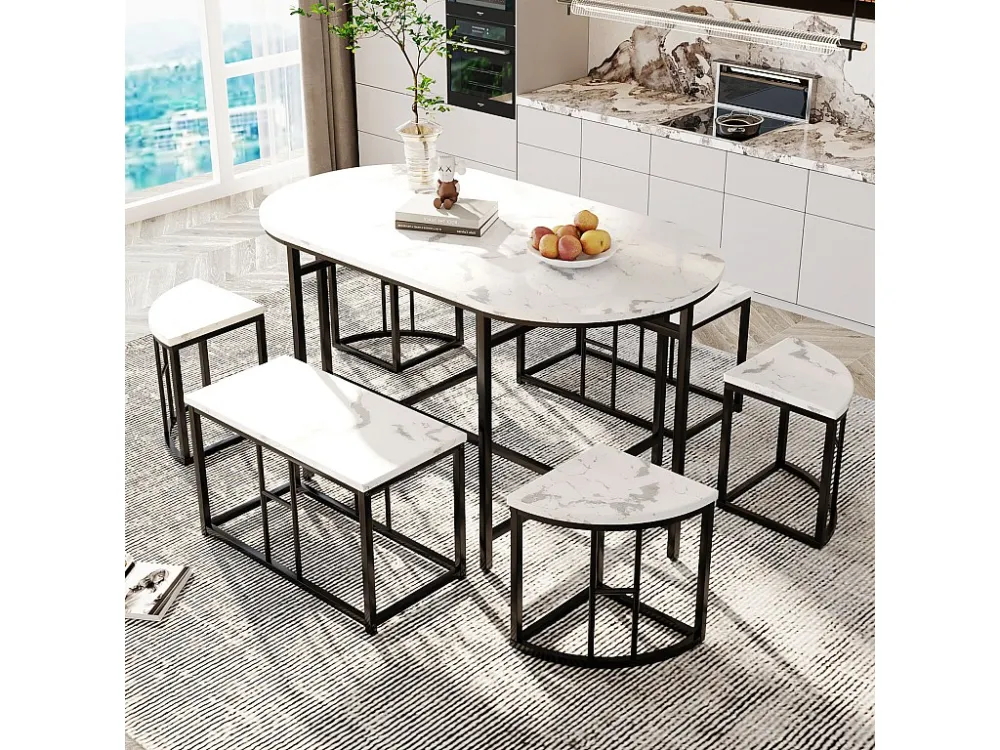 Ensemble Table de salle à manger(140x70cm) et 6 Chaises - Table et chaises en MDF blanc et cadre en fer, luxe - noir