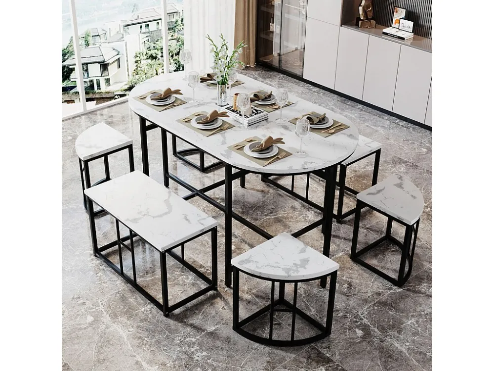 Ensemble Table de salle à manger(140x70cm) et 6 Chaises - Table et chaises en MDF blanc et cadre en fer, luxe - noir