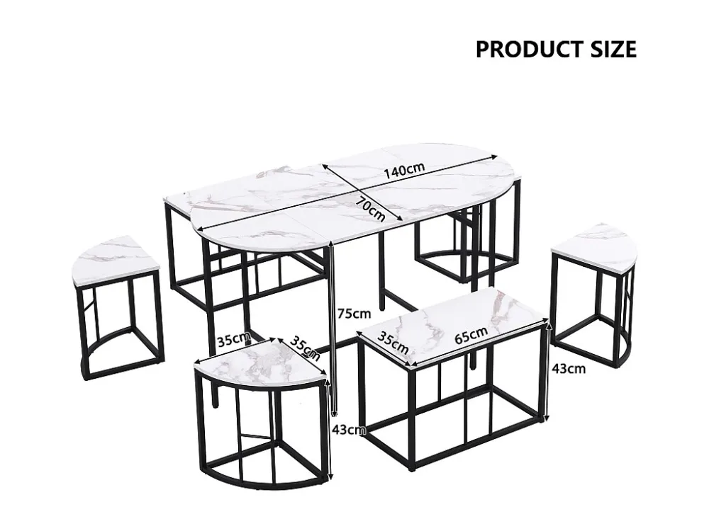 Ensemble Table de salle à manger(140x70cm) et 6 Chaises - Table et chaises en MDF blanc et cadre en fer, luxe - noir