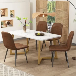 Eetkamertafel en 4 stoelenset - zitting van imitatieleer en gouden metalen poten - tafel met marmerpatroon - bruin Merax
