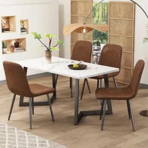 Eetkamertafel en 4 stoelenset - zitting van imitatieleer en zwart metalen poten - tafel met marmerpatroon - bruin Merax
