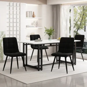 Eettafelset 140 x 80 cm met 4 fluwelen gestoffeerde stoelen - metalen poten - Wit + zwart Merax