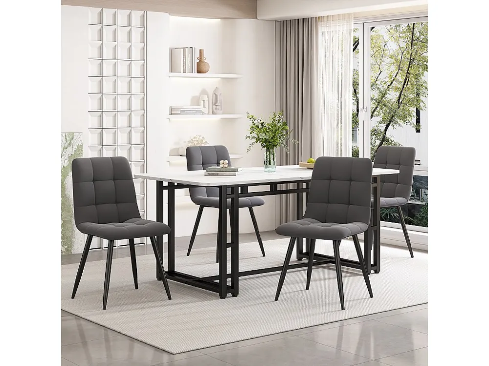 Eettafelset 140 x 80 cm met 4 fluwelen gestoffeerde stoelen - zwart metalen poten - Wit + grijs Merax