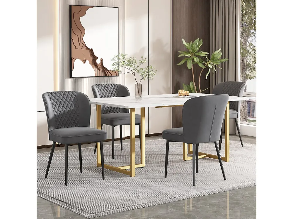 Eettafelset 140 x 80 x 75 cm met 4 fluwelen stoelen - MDF hout en goud metaal - Grijs Merax