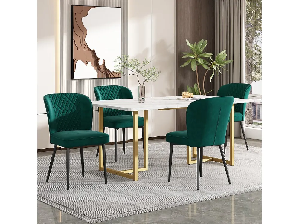Eettafelset 140 x 80 x 75 cm met 4 fluwelen stoelen - MDF hout en goud metaal - Groen Merax