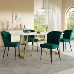 Eettafelset 140 x 80 x 75 cm met 4 fluwelen stoelen - MDF + goud metaal - Groen Merax
