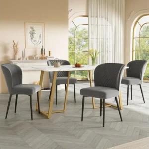 Eettafelset 140 x 80 x 75 cm met 4 fluwelen stoelen - MDF + goud metaal - grijs Merax