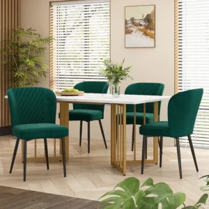 Eettafelset met 4 fluwelen stoelen - MDF hout en goud metaal - Groen Merax