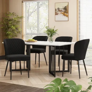 Eettafelset met 4 fluwelen stoelen - MDF hout en metaal - Zwart Merax