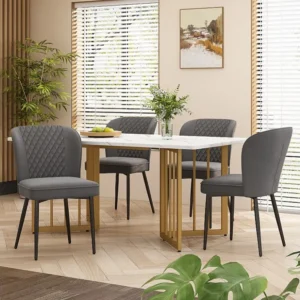 Eettafelset met 4 fluwelen stoelen - MDF hout en goud metaal - Grijs Merax