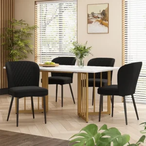 Eettafelset met 4 fluwelen stoelen - MDF hout en goud metaal - Zwart Merax