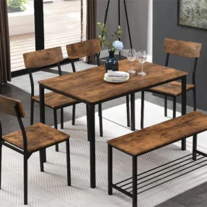 Tafel + 4 stoelen + bankenset - MDF en metaal - industriële stijl - bruin Merax