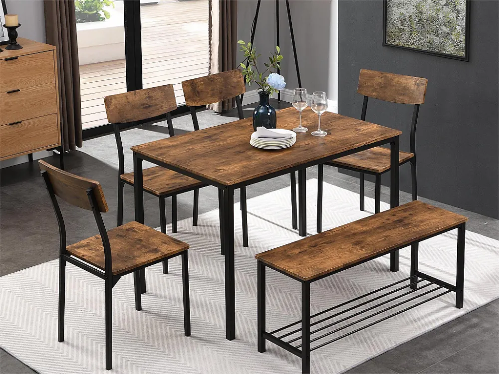 Tafel + 4 stoelen + bankenset - MDF en metaal - industriële stijl - bruin Merax