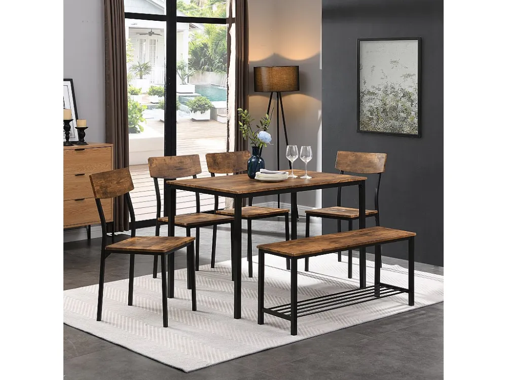 Tafel + 4 stoelen + bankenset - MDF en metaal - industriële stijl - bruin Merax