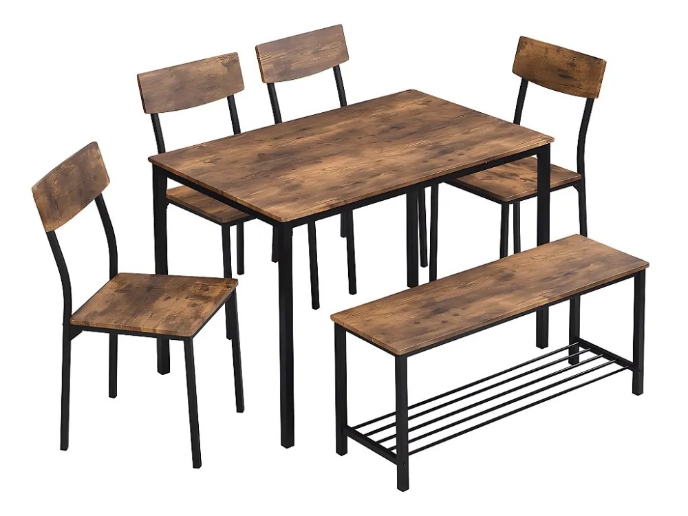 Tafel + 4 stoelen + bankenset - MDF en metaal - industriële stijl - bruin Merax
