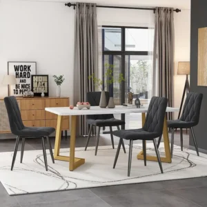 Tafelset + 4 fluwelen stoelen - goud metalen poten - grijs en wit Merax
